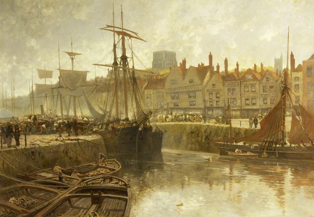 A painting of a ship moored in Bristol harbour.