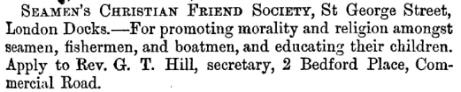 Printed advertisement for the Seamen's Christian Friend Society in 1868